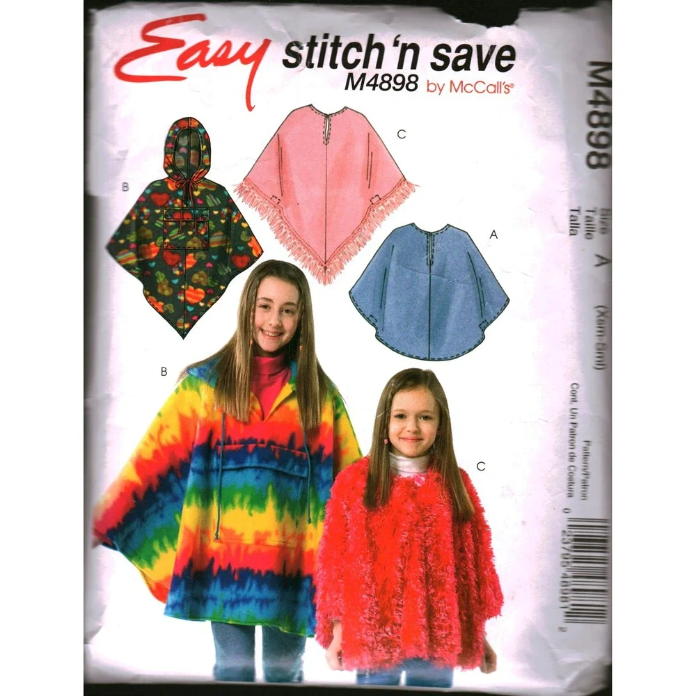 McCalls M4898 Easy Stitch‎ n Save Kids Poncho Sewing Pattern Sizes XS-S Hooded